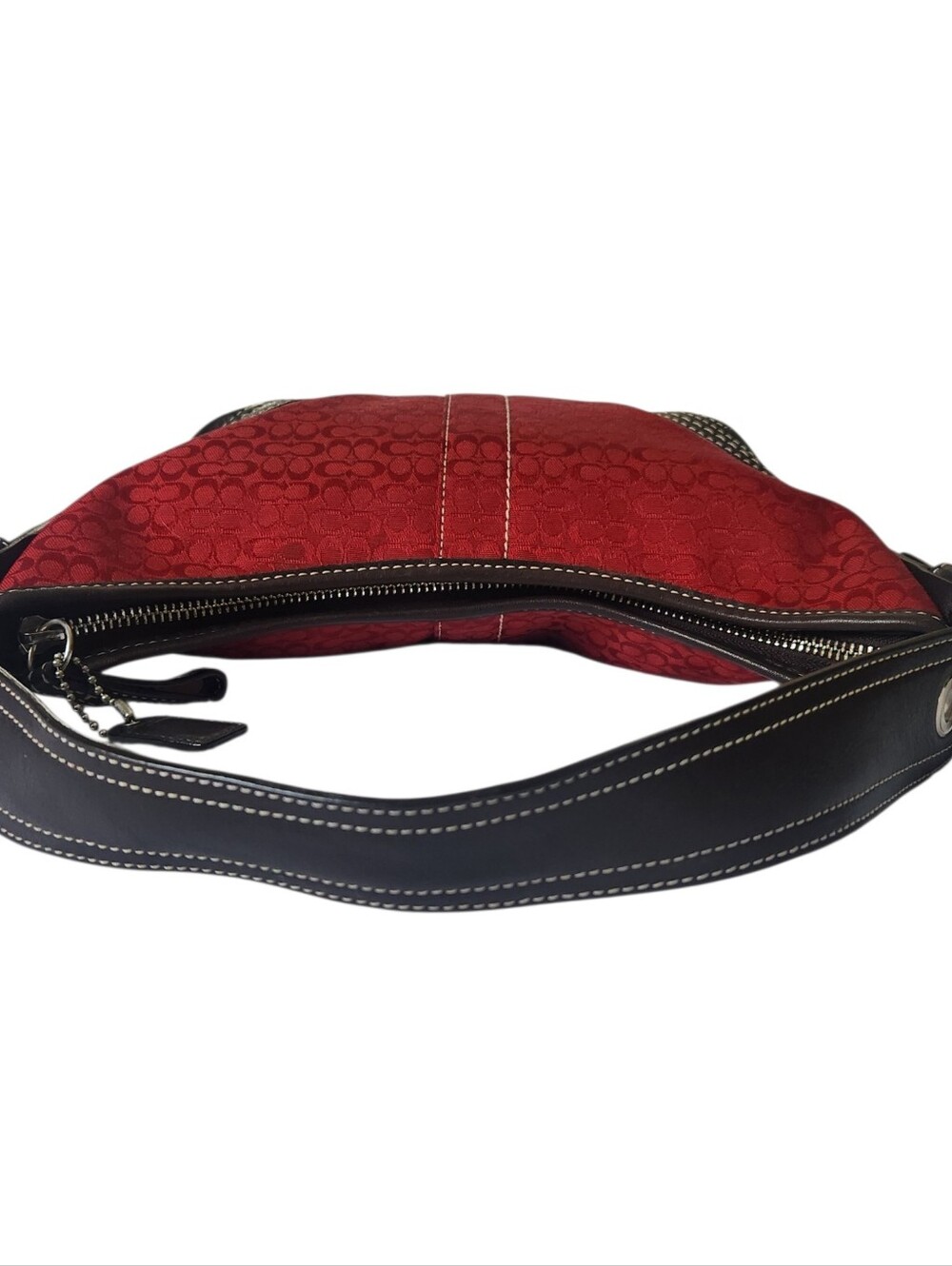 VGC COACH D062-2154 Signature Jacquard Shoulder Bag Red Y2K Brown Leather - Picture 7 of 12